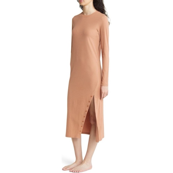 Open Edit Long Sleeve Crew Neck Ribbed Maxi Dress in Tan/Orange Women’s Size M - Picture 3 of 11